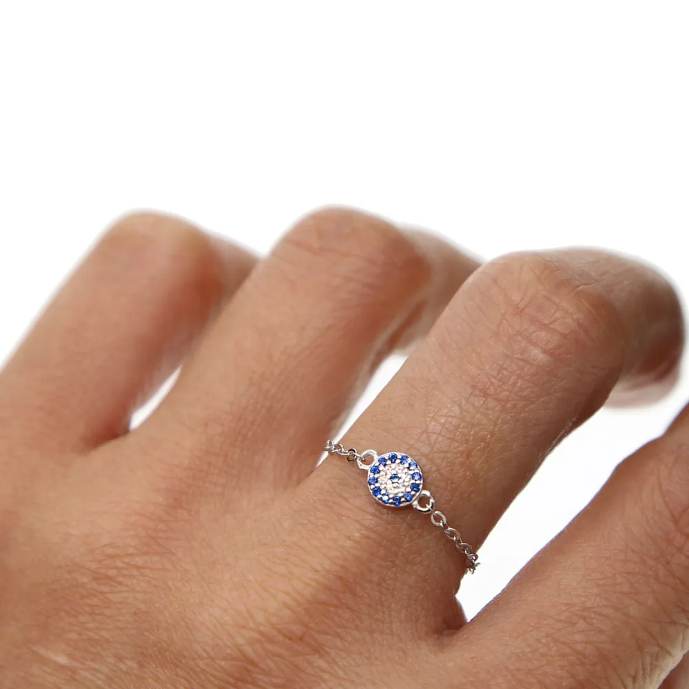 Изысканное Серебряное украшение Новое поступление bling AAA кубический цирконий синий сглаза 925 Серебряное кольцо цепочка
