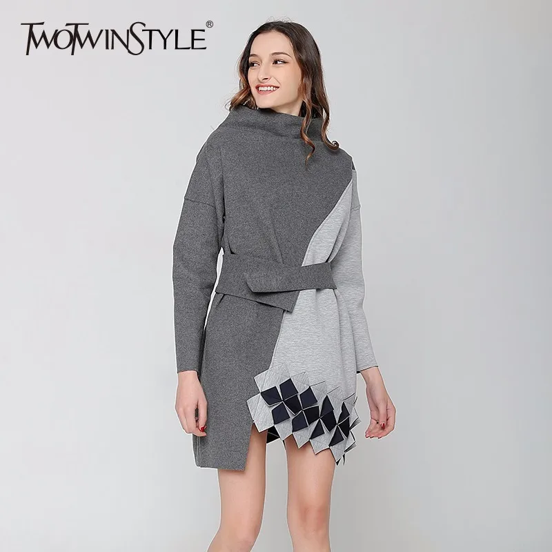 TWOTWINSTYLE Асимметричная Толстовка Платье Женская Лоскутная повязка повседневные