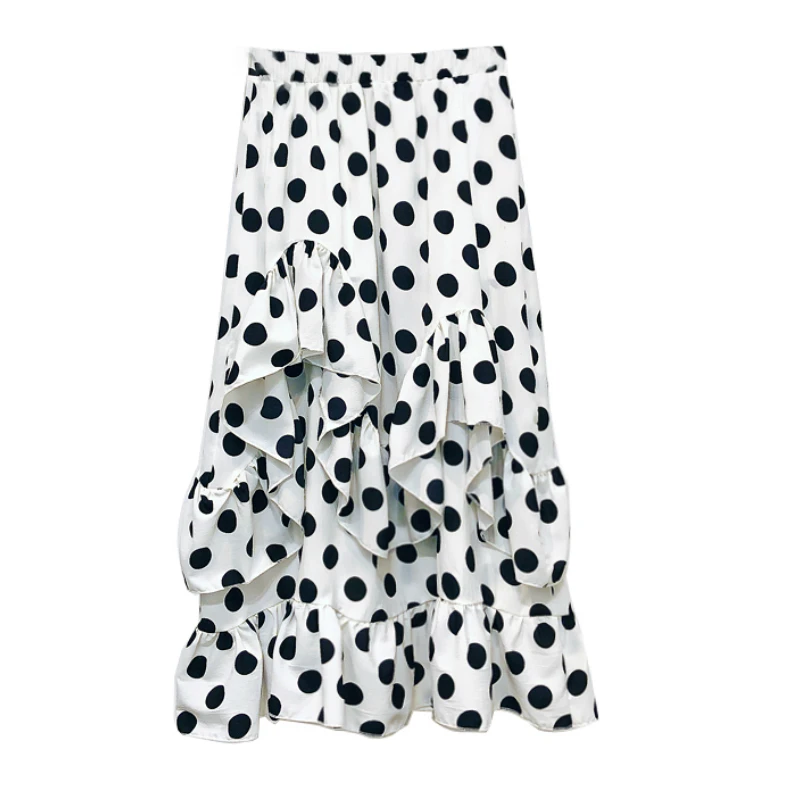 Летние шифоновые юбки в горошек высокие низкие Cakee многоуровневые черные/белые