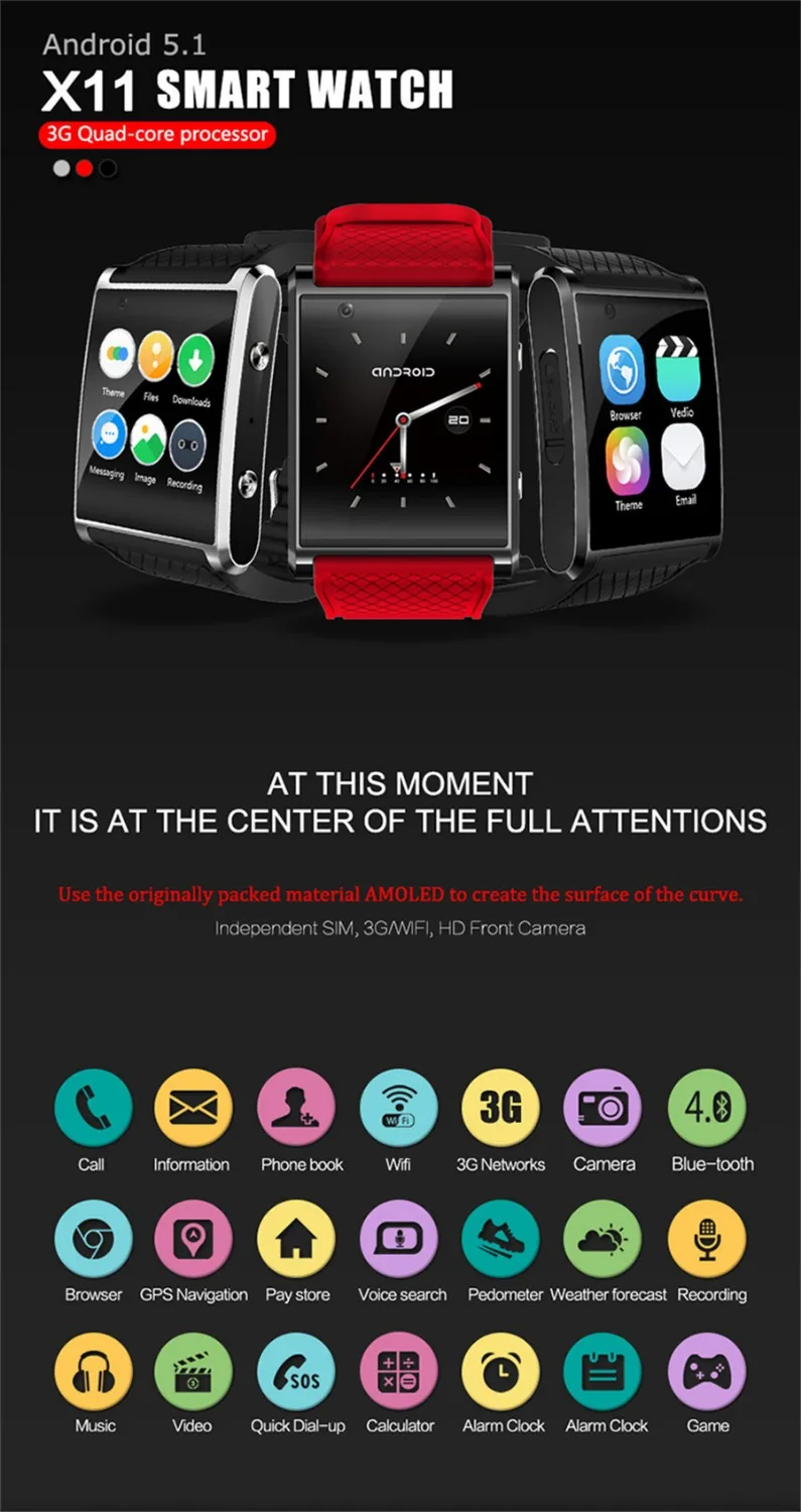 Android 5.1 Смарт часы X11 MTK6580 SmartWatch с Шагомер камеры 5.0 м 3G WI-FI GPS для Xiaomi Huawei Samsung rsmtte |