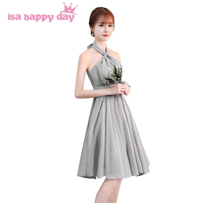 Женское платье подружки невесты серое с лямкой на шее короткое для свадьбы H4128
