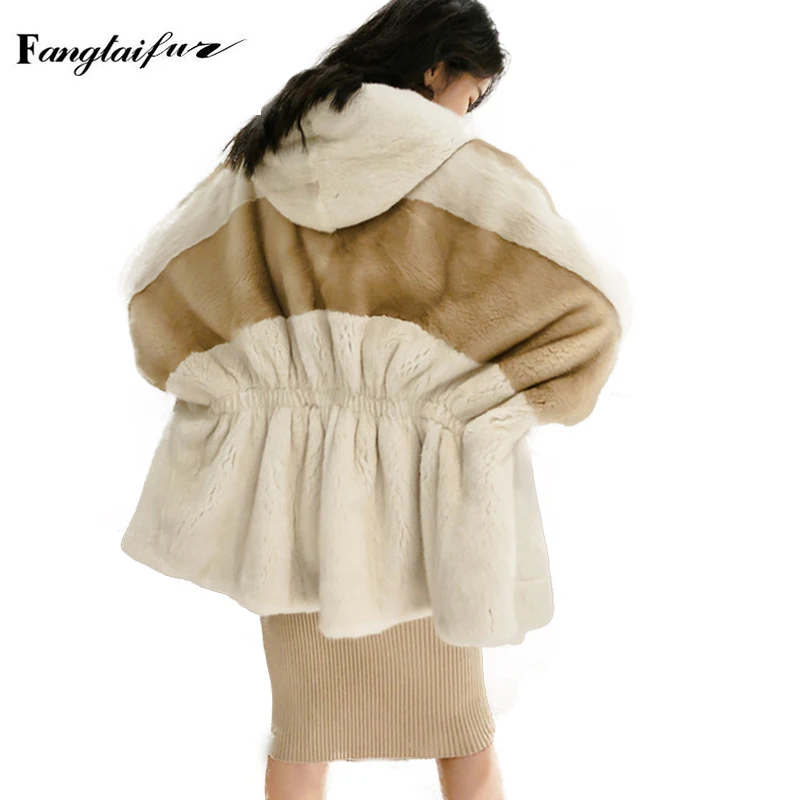 

Ftangaiur Women Import Velvet Mink Fur Coat With Fur Hood Patchwork Color Mink Coat Women's Medium Real Mink Fur Coats