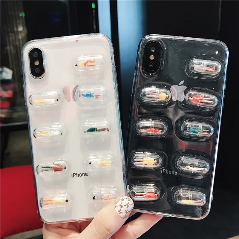 3D Cute Capsule Pills Person Phone Case For iPhone XS XR Max X 8 7 6 6S Plus Transparent Soft TPU Back Cover Cases |