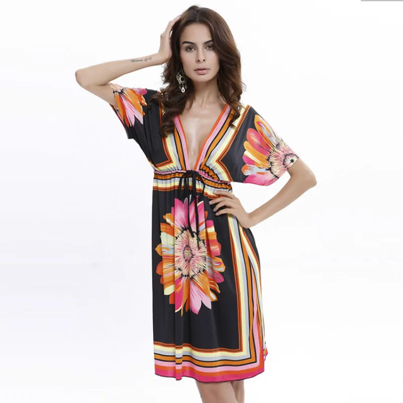 Deep V Neck Short Sleeve Bohemian Dress Chiffon Mini Floral Printing Beach dress Milksilk Comfort Vacation | Женская одежда