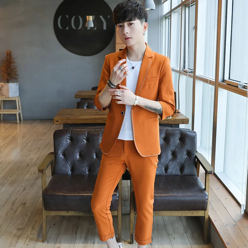 Summer Seven Points Sleeve Seven Pants Suit Male Wedding Banquet Etiquette Men's Suits Two Piece Coats Pants New Product pants pants summer seven sleeved suit suit male korean version of the slim fashion hair stylist trend leisure suit two piece