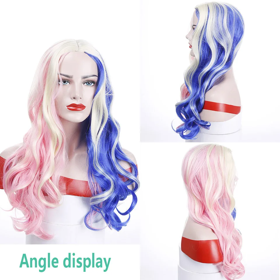 Comic Harley Quinn Synthetic Wig Mixed Color Blue and Pink Ombre Long Wavy AOSIWIG | Шиньоны и парики