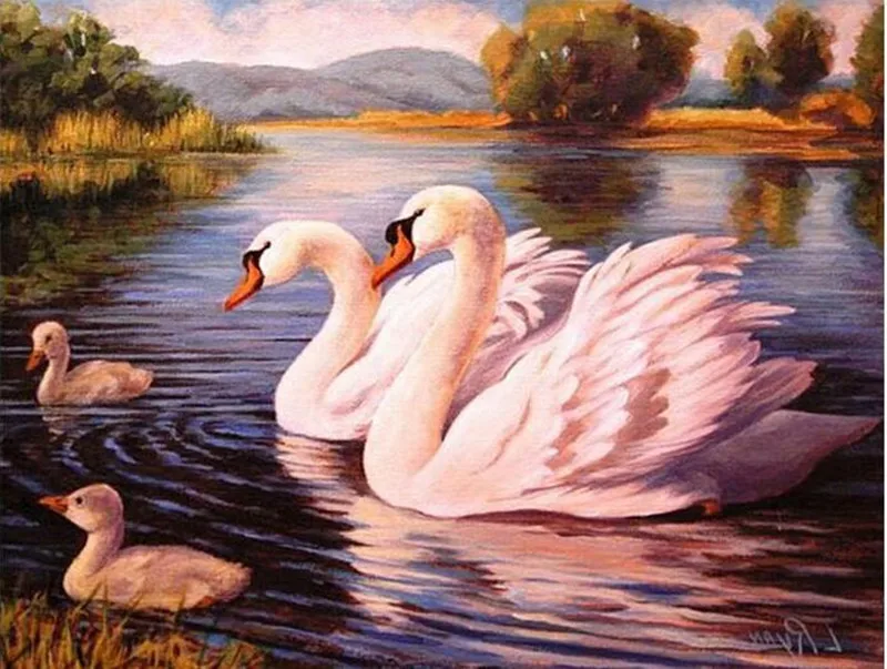 

NEW 100% Full round Drill Diamond Embroidery Swans Family Look Picture 5D Diamond Painting cross-stitch Mosaic kits Wall Decora