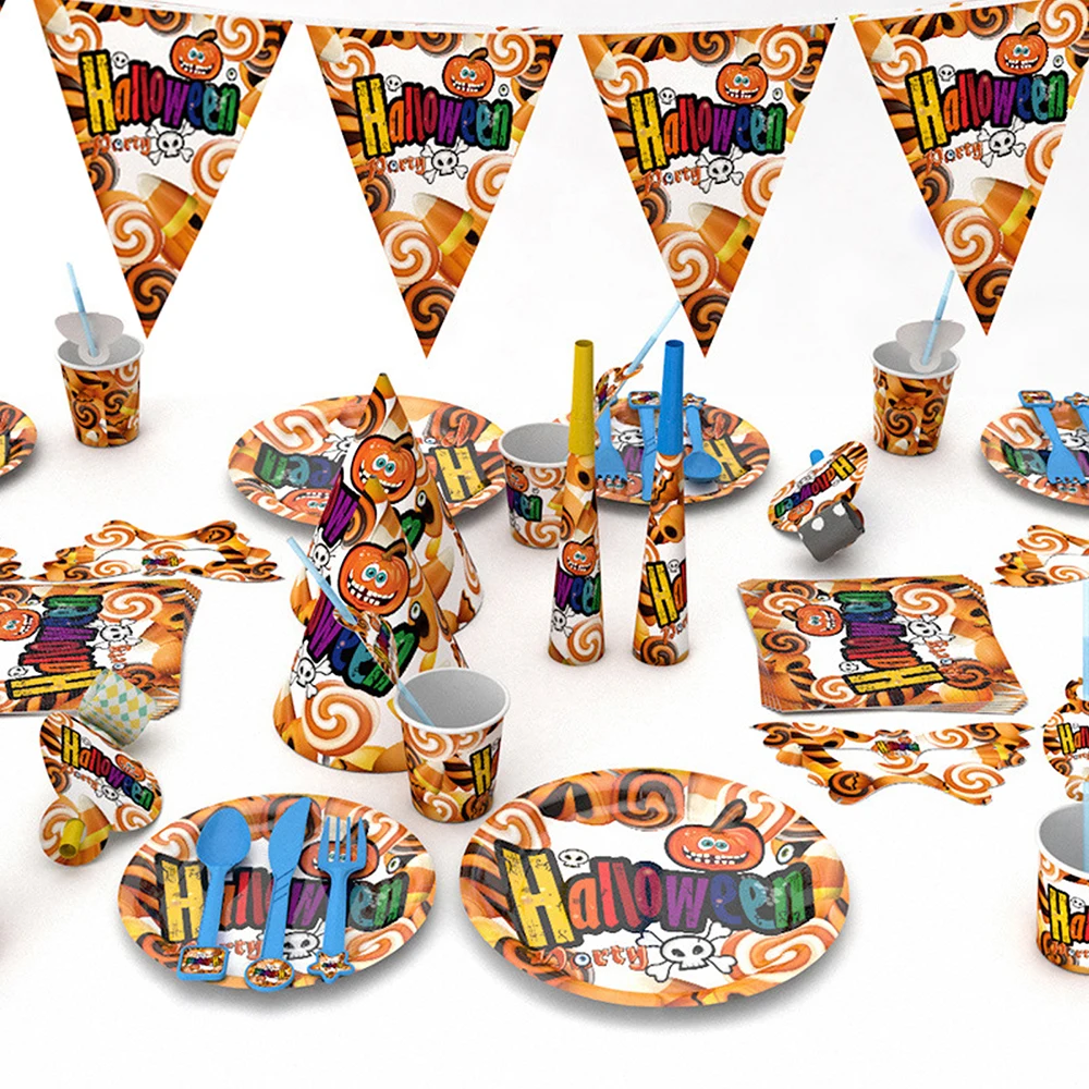 Creative Halloween Pumpkin Tableware Set Disposable Paper Plates Cups Straws Napkin Tablecloth For Festival Event Party Supply | Дом и сад