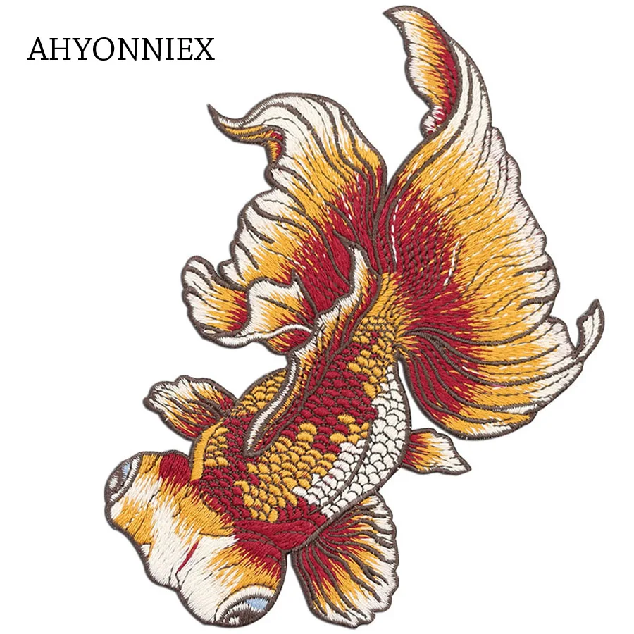 Большие черные вышитые патчи AHYONNIEX с рыбками японские стильные Швейные наклейки