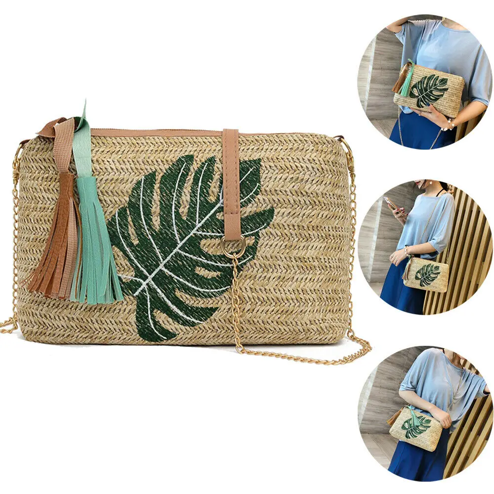 Large-capacity fashion straw bag women's handmade woven rattan leaf print tassel zipper shoulder beach | Багаж и сумки