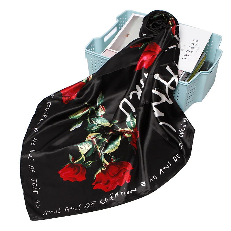 

Rose Flower Print Scarf Women Fashion Luxury Hijab Shawl Wraps Black Floral Soft Headband Handkerchief Accessories 90*90cm