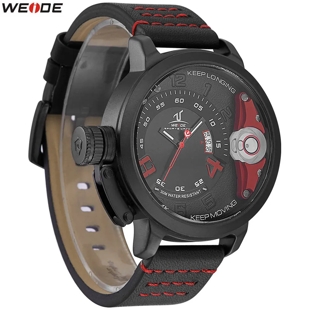 Новые часы WEIDE, брендовые Роскошные Мужские кварцевые спортивные наручные часы, повседневные водонепроницаемые аналоговые кожаные мужские часы, черные - Цвет: Красный