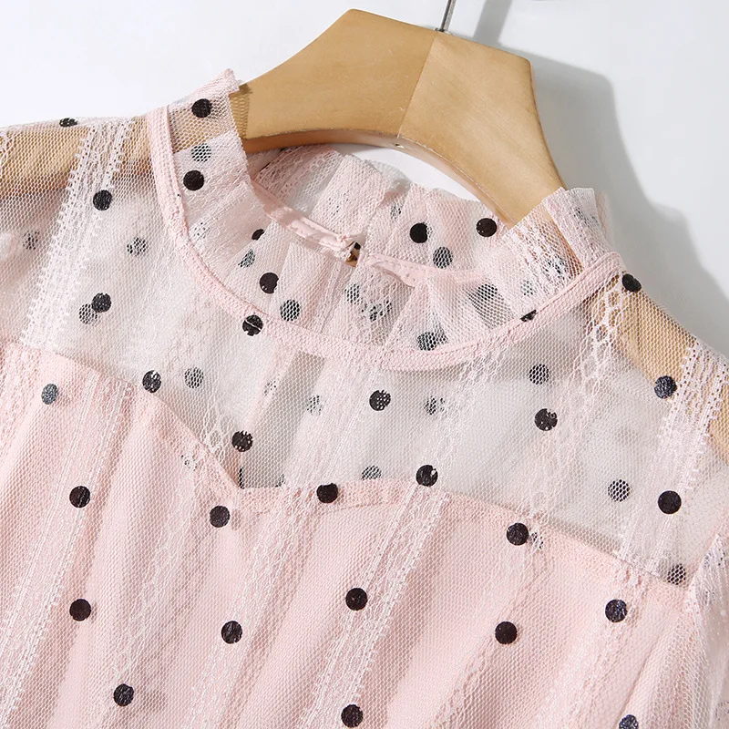 Платье женское в черный горошек розовое кружевное платье с рукавами-фонариками