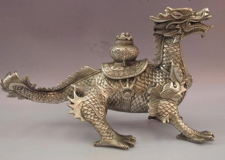 

Chinese White Copper Silver Feng shui Lucky Beast Treasure bowl Dragon Statue