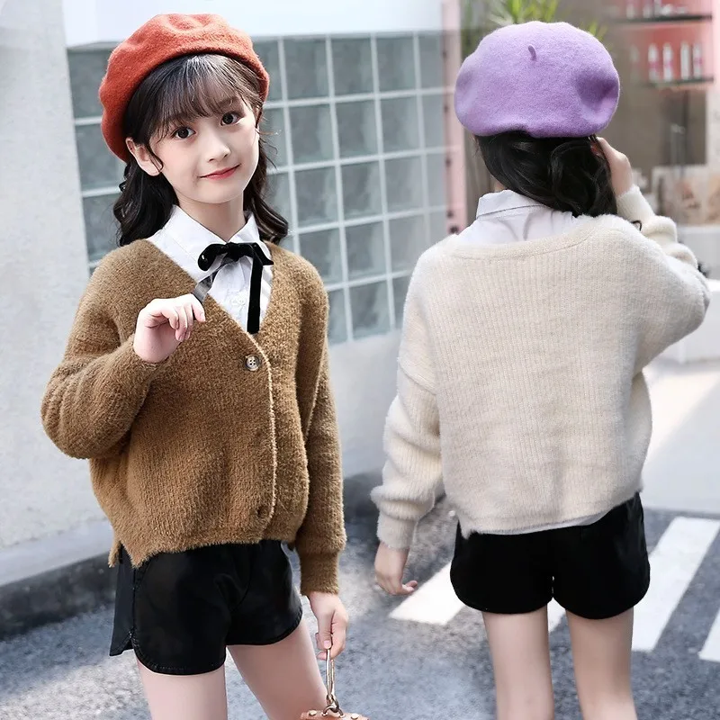 Knitted Sweaters Girl Coat Autumn Spring School Cardigan Knitting Jacket Kids White Brown Tops Clothing Children 2018 New | Детская