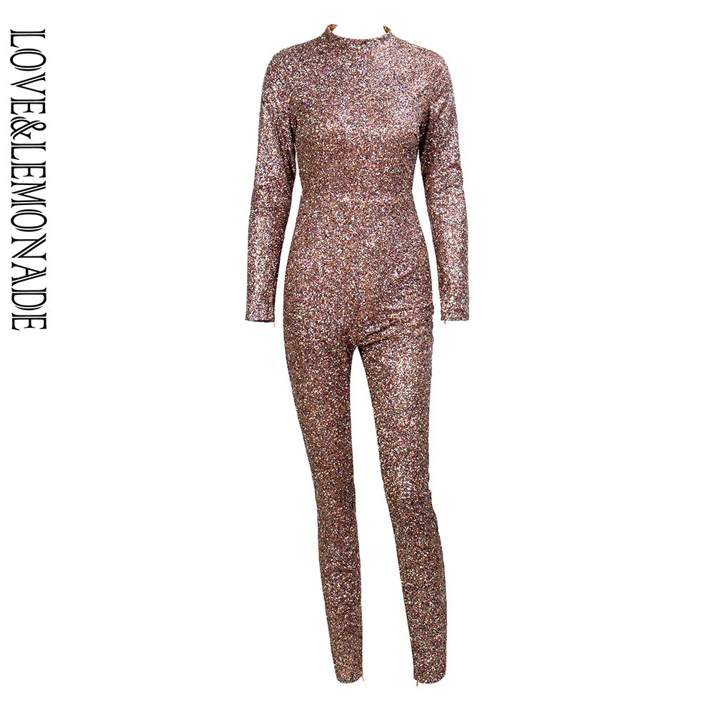 LOVE&ampLEMONADE Sexy Stand Collar Slim Fit Zipper Decoration Glitter Glue Bead Material Bodycon Jumpsuit LM81681 | Женская одежда