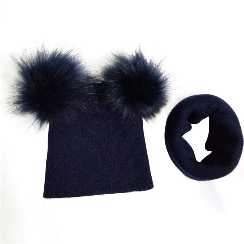 navy ball set Тип детского головного Дети теплая детская зимняя шерстяная одежда шапка и шарф, Вязаный Beanie Hat Baby Мальчики Девочки Кепки шарф От 0 до 4 лет, аксессуары - Цвет: navy ball set