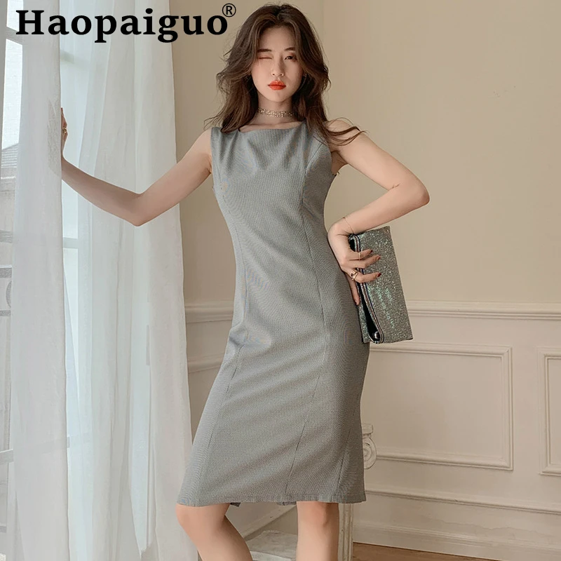 

Big Size 2019 Summer Office Dress Women Sleeveless Sheath Korean Style Midi Dress Women Casual Streetwear OL Women Wrap Dress