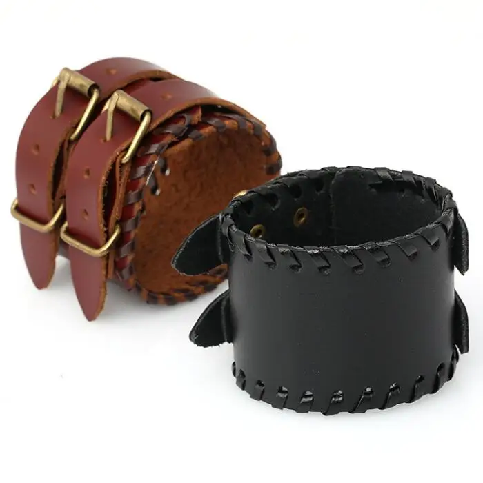 Fashion Double Belt Leather Wrist Friendship Big Wide Cuff Bracelet Bangle Wristbands for Men Unisex Buckle Vintage Punk Jewelry