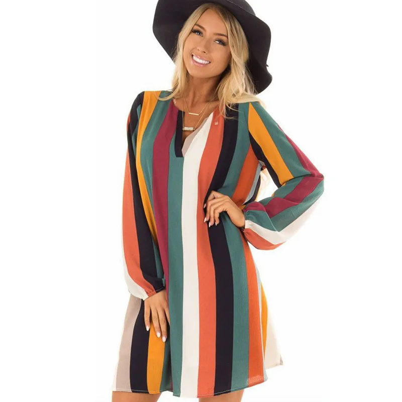 Лидер продаж женское платье-рубашка Осеннее Радужное платье с v-образным вырезом