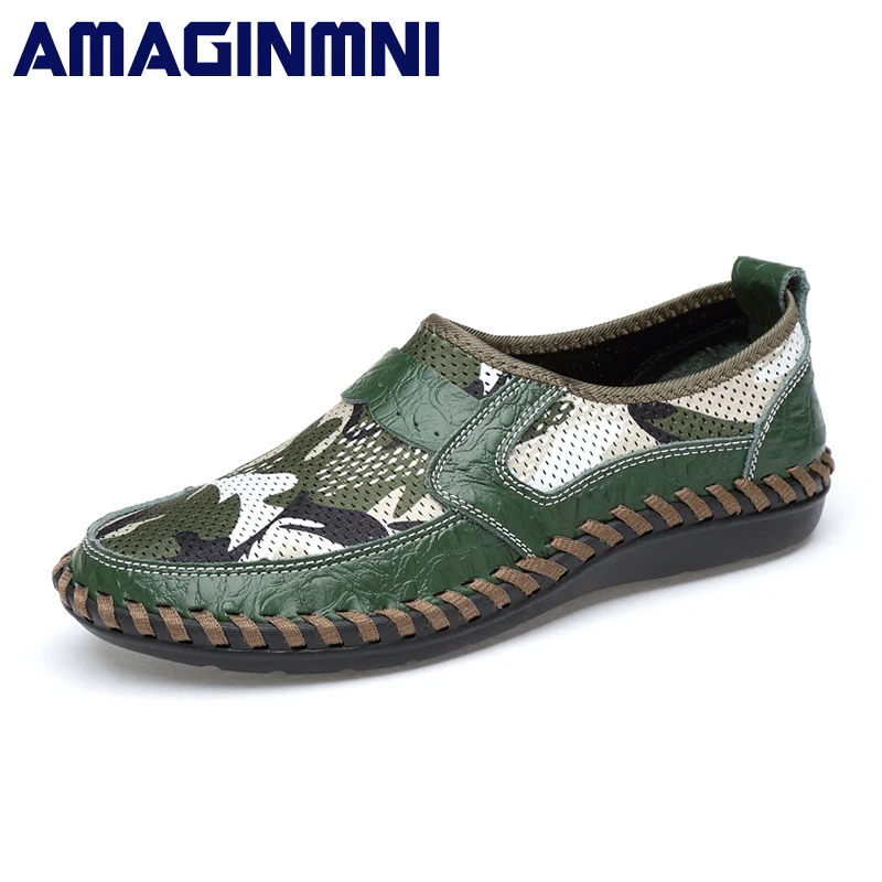 AMAGINMNI Summer Breathable Mesh Shoes Mens Casual Genuine Leather Slip On Brand Fashion Man Soft Comfortable | Обувь