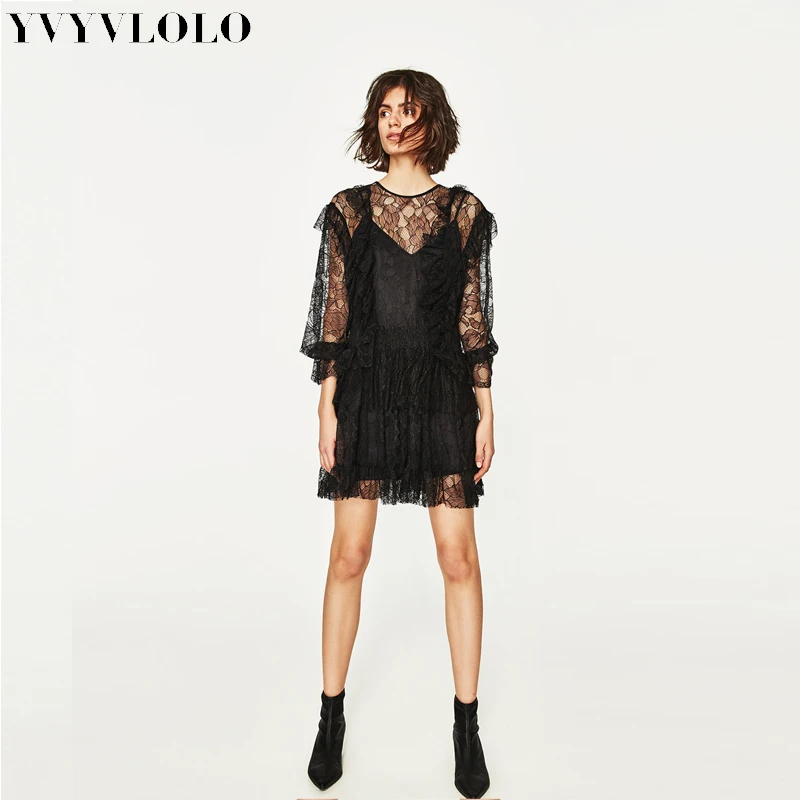 Летняя Новинка 2017 г. Черное Платье многослойное Кружево платье спинки