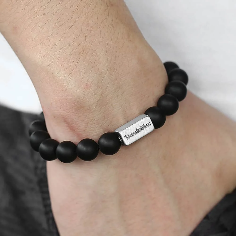 Natural Black Matte Obsidian Bracelet Mens Womens Wristband Beaded Stretch Stainless Steel Chain Bracelet Gem Crystal TBB01109 |