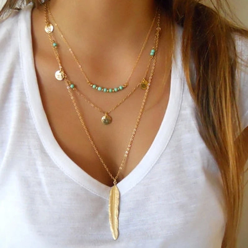 2017 Новая Мода Boho Женская Простой многослойное ожерелье цепь перо кулон блёстки