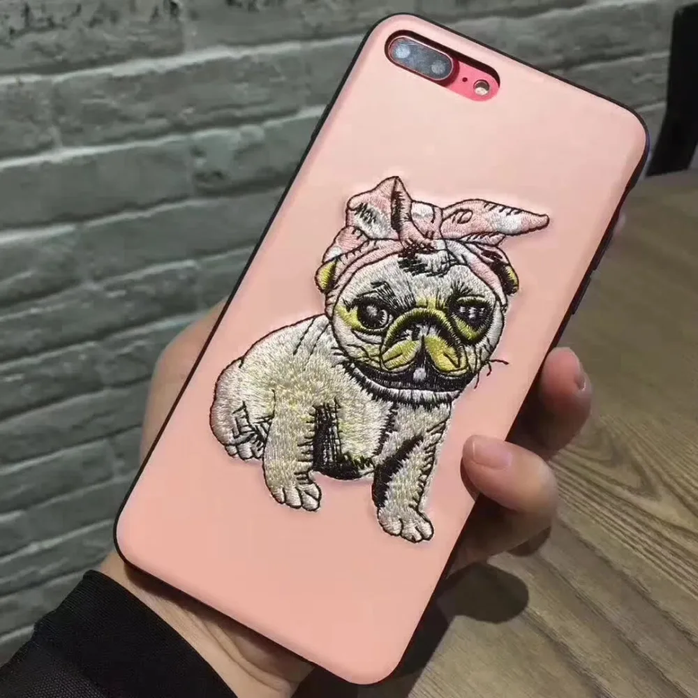 Fashion Luxury Korea Cute Embroidery Bow bulldog Navy Hat Dog Anti-skid Cloth Warming Pc+tpu Phone Case For IphoneXS/6/7/8plus |