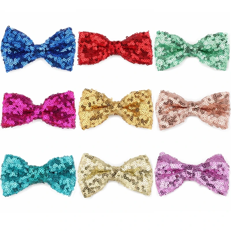 

5PCS 9CM Newborn Sequins Kids Hair Bows For Hair Clips Solid Flower Hair Bowknot with Paillettes for Kids Girls Hair Accessories