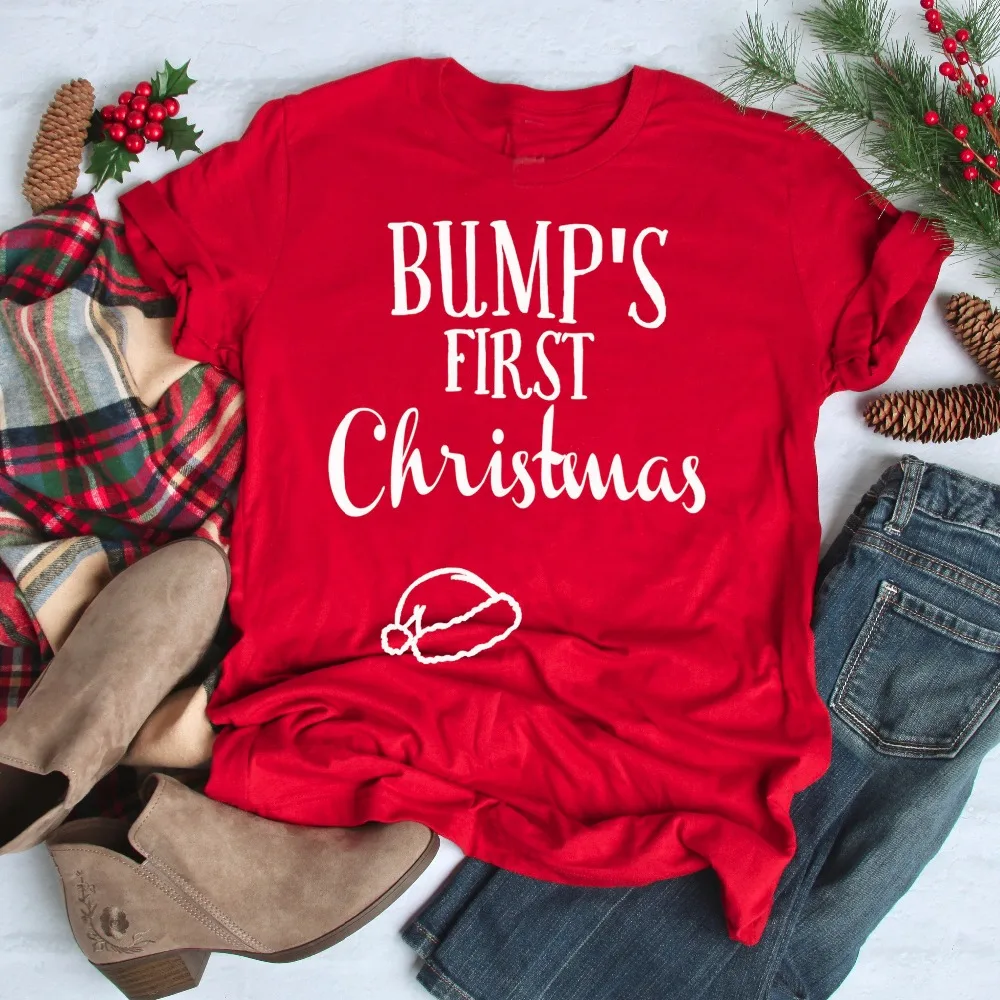 

Первая Рождественская рубашка с надписью на беременность Bump, графическая забавная Женская модная симпатичная футболка со слоганом, Красна...