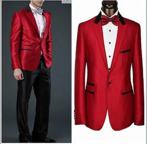 

Мужские костюмы нового поколения, красный пиджак, черный воротник, карманный край, черные брюки на заказ, красный галстук