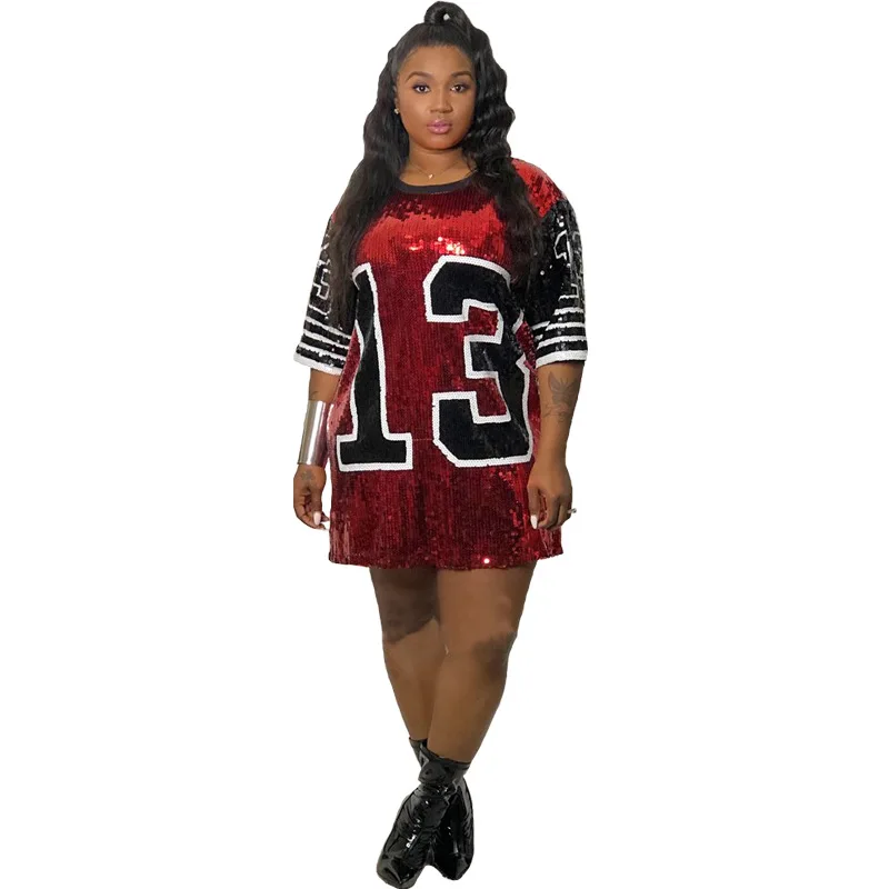 Новинка 2019 женское летнее платье расшитое блестками с буквенным принтом круглым