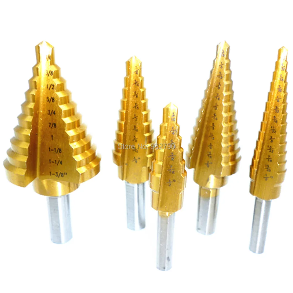 5pcs Step Drill Bit Titanium Metal Stepped Down Variable 1/4&quot-1-3/8&quot 3/16&quot-7/8&quot 1/4&quot-3/4&quot 3/16&quot-1/2&quot