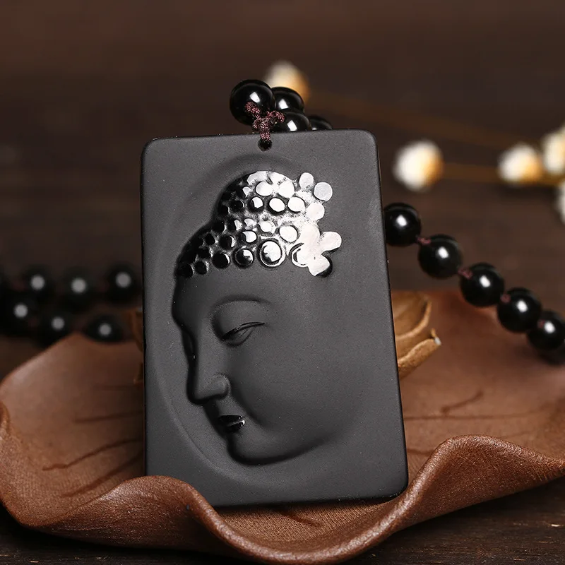 Подлинный натуральный матовый черный обсидиан Guanyin подвеска с боковым