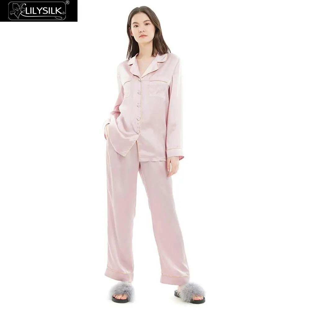 Rosy Pink LilySilk набор пижам с золотым окантованным шелком для женщин Полная длина чистый 100 шелк 22 momme Mulberry - Цвет: Rosy Pink