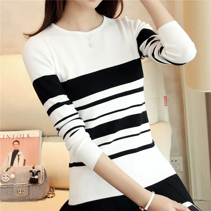 Женский трикотажный пуловер с круглым вырезом и длинными рукавами в стиле