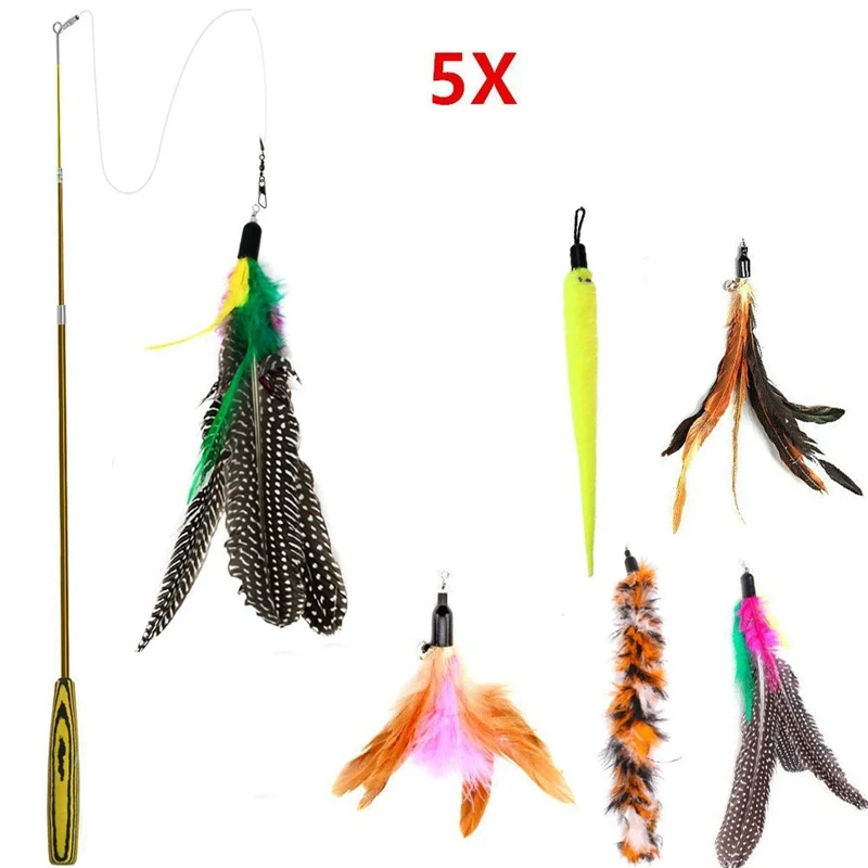 Черный Интерактивные эластичные игровые палочки для кошек, перьевая игрушка с 5 сменными головками, Удочка в форме кошки, отслеживающий колокольчик, игрушки, принадлежности - Цвет: Черный