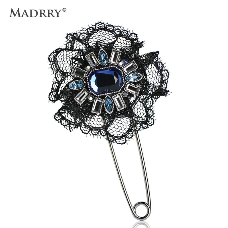 

Madrry Black Lace Flower Brooches Rhinestone Anti Silver Color For Women Men Holiday Mother's Day Lapel Pins Women Accessories