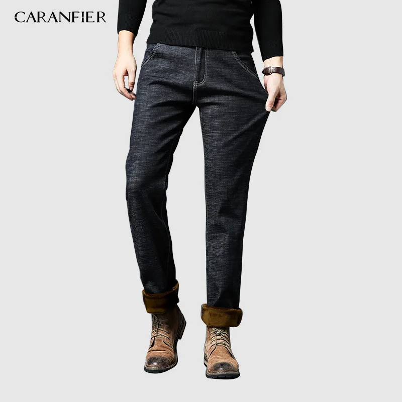CARANFIER 2pcs New Men's Winter Brand Jeans Warm Slim Fit Denim Pants Male Balck Blue Thicken Trousers Jeans Big Size 44 46