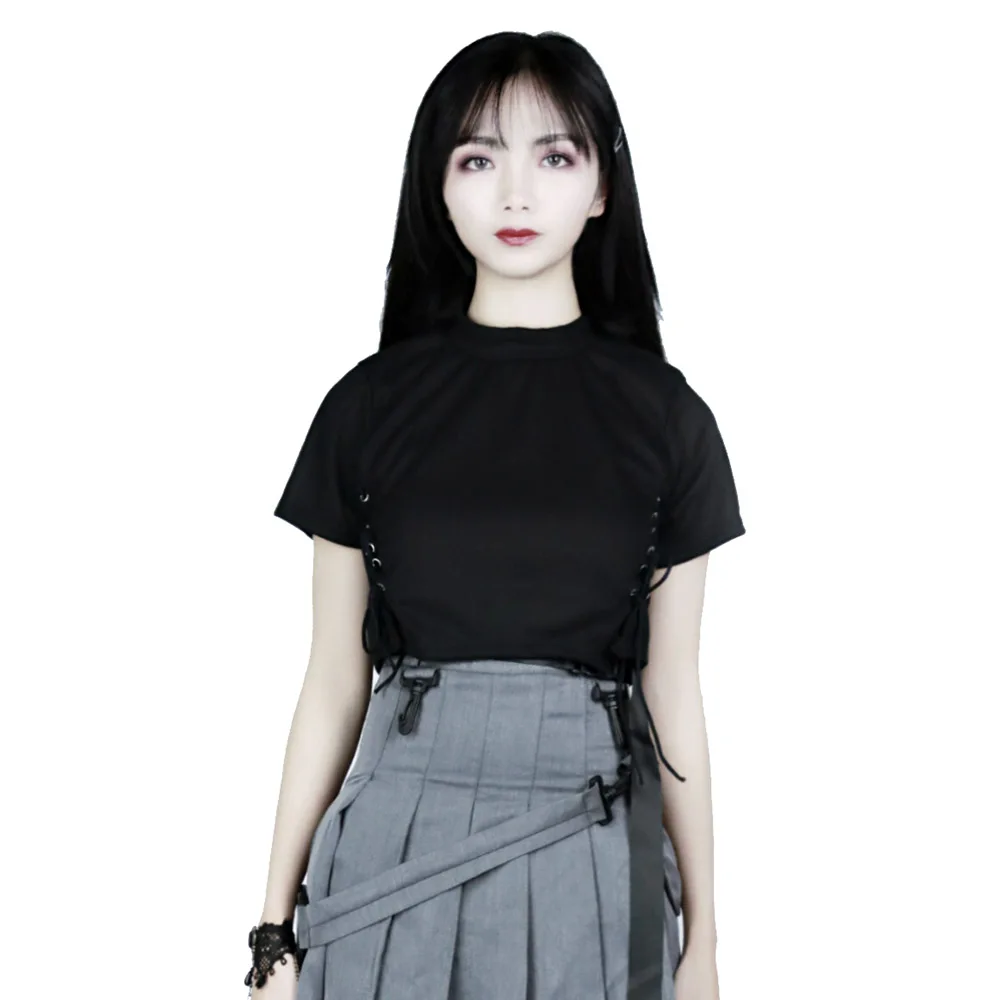 Punk Women Sexy Bandage T Shirts Summer Short Sleeve Black Slim Tops Casual Tops