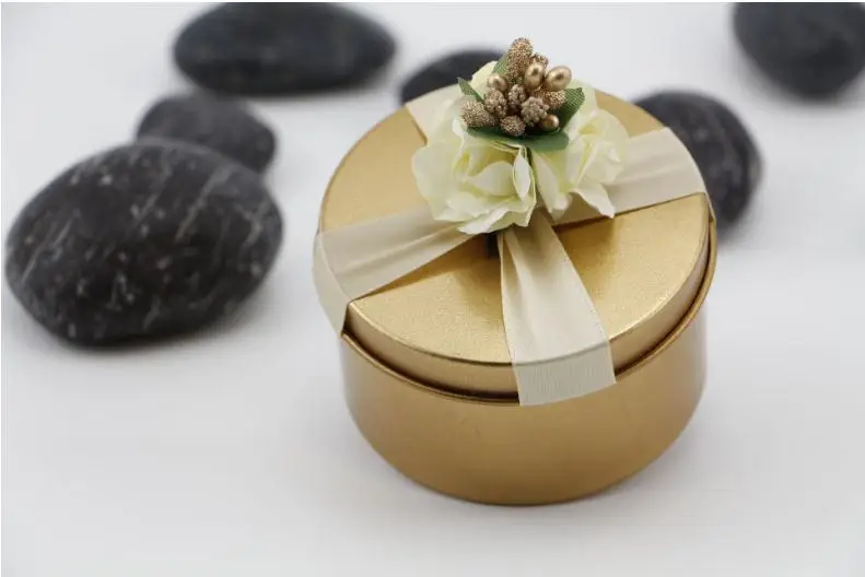 

100pcs/lots Gold rounded party favor boxes with champagne flowers SN1872