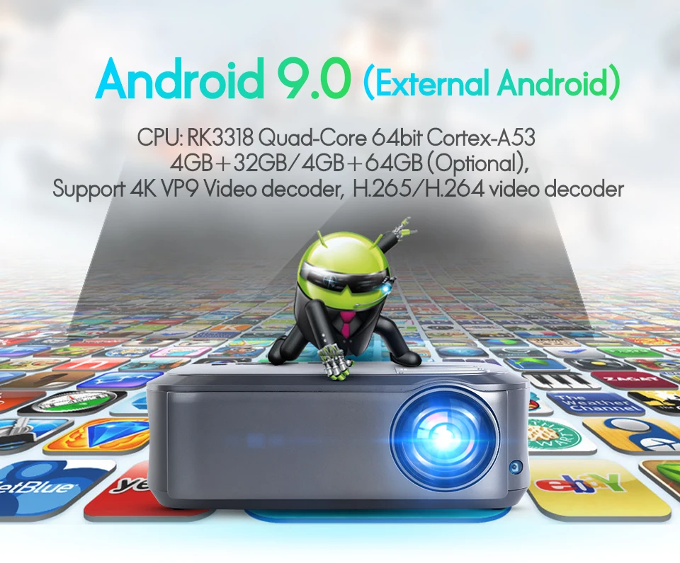 WZATCO T58 Android 9,0 проводной синхронизация Дисплей для Iphone Full HD светодиодный проектор 1920*1080p портативный видеопроектор для домашнего кинотеатра