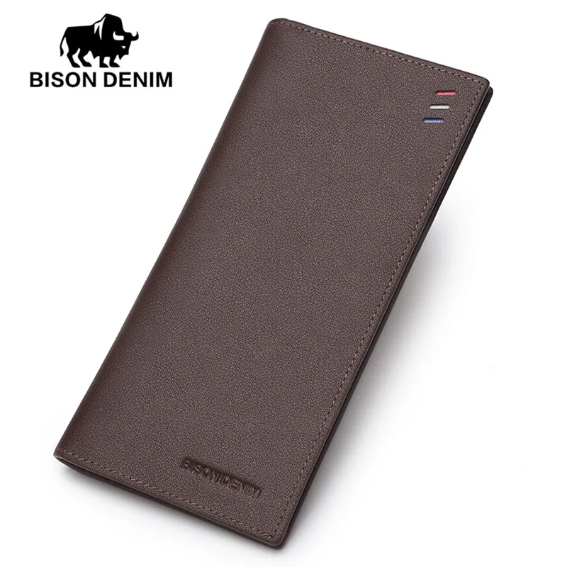 BISON DENIM модные тонкие мужские кошельки из натуральной кожи Длинные Двойные кредитницы кошелек - Цвет: brown