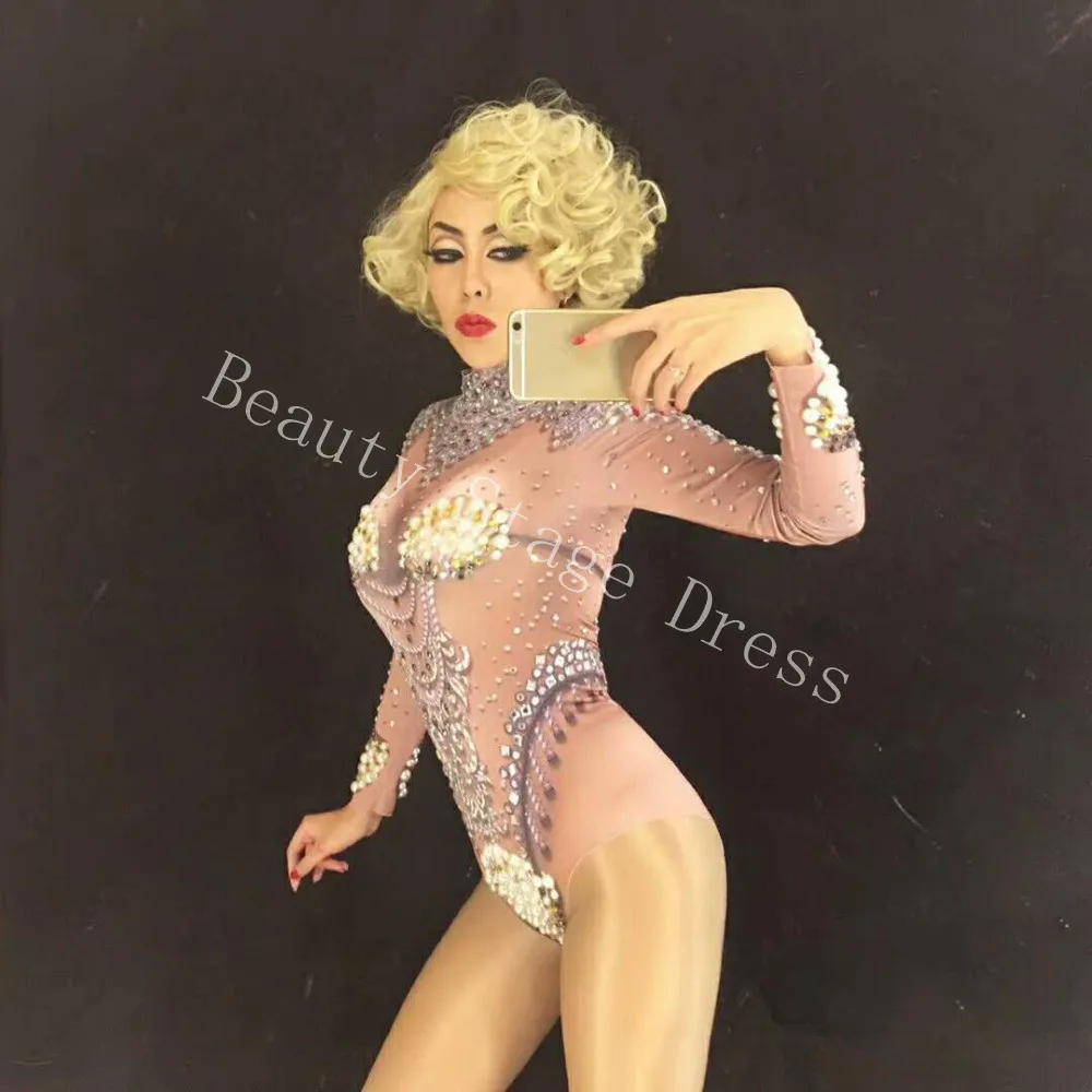 Crystals Printed Bodysuit Bar Evening Party Performance Stretch Rhinestones Costume Female Singer Dancer Leotard Stage Wear DJ