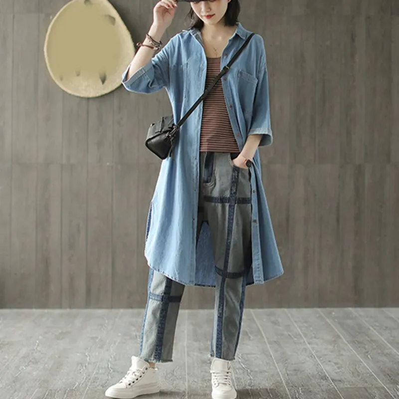 Женская хлопковая джинсовая куртка с отложным воротником свободная однотонная