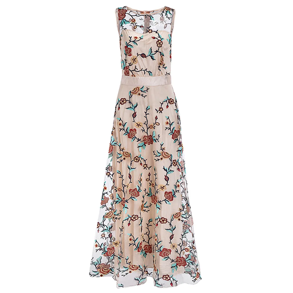 Womens Floral Embroidery Dress Summer 2019 Lace O-Neck Sleeveless Dresses Ladies Holiday Maxi Robe Femme | Женская одежда
