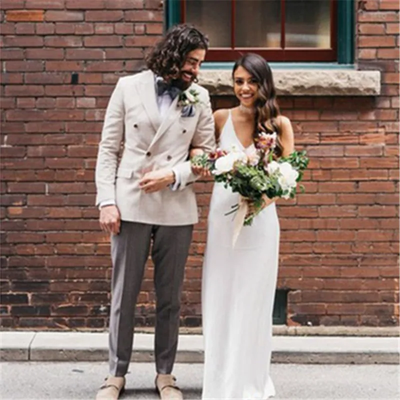 Мужской свадебный костюм из 2 предметов бежевый двубортный пиджак + брюки галстук