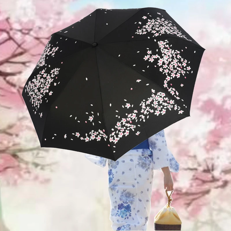 fashion Light folding Cherry Blossom Umbrella Maɺm black coating Wind proof anti-uv Sakura Female Rain Tools Sun Parasol | Дом и сад