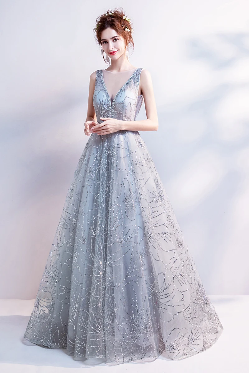 Vestido de festa A Line вечерние платья длинное сексуальное глубокое круглое декольте тюль